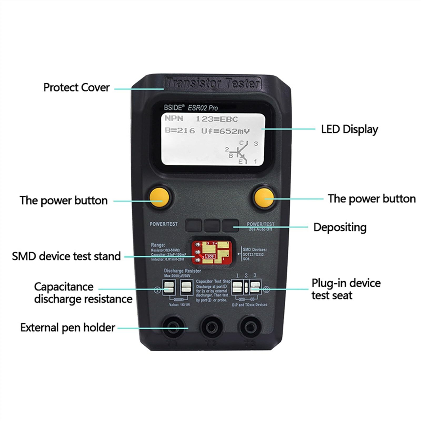 Multiuso Transistor ESR/SMD Tester ESR02pro Smart Diodo Triodo Capacità Resistore Meter Misuratore LCD Test MOS/PNP/NPN(ESR02PRO-Test clip)
