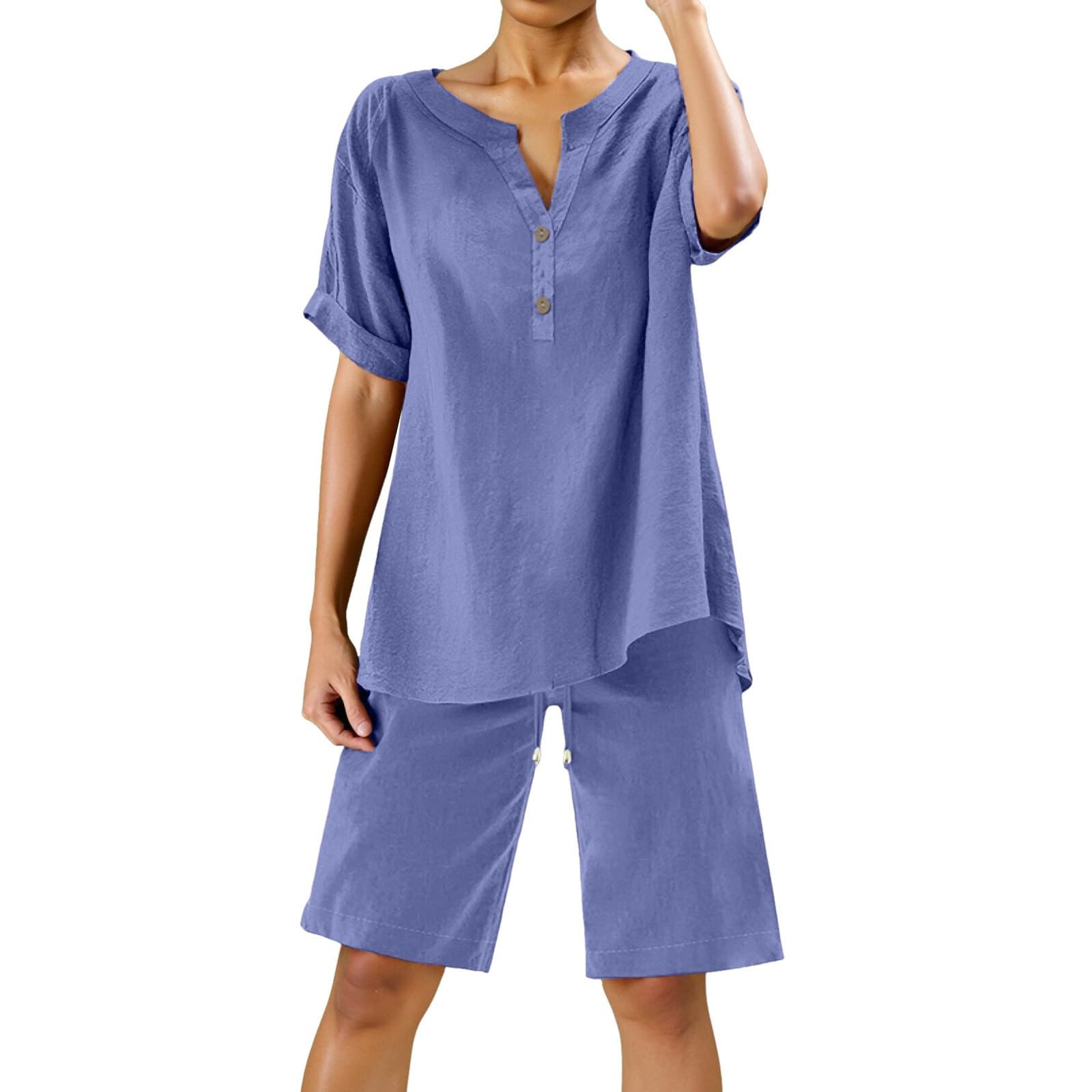 Ensemble en Lin Femme 2 Pièces Survêtement Coton et Lin Ete Chic Elegant Grande Taille Tunique Chemise + Pantacourt Décontracté Sport Jogging Respirant Plage Suit