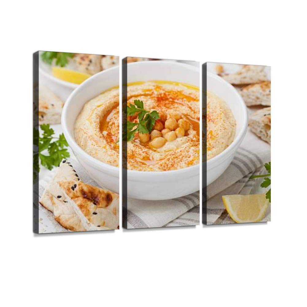 Hummus or houmous, Appetizer Made of Mashed Chickpeas with Tahini Print On Canvas Wall Artwork Modern Photography Home Decor Unique Pattern Stretched and Framed 3 Piece