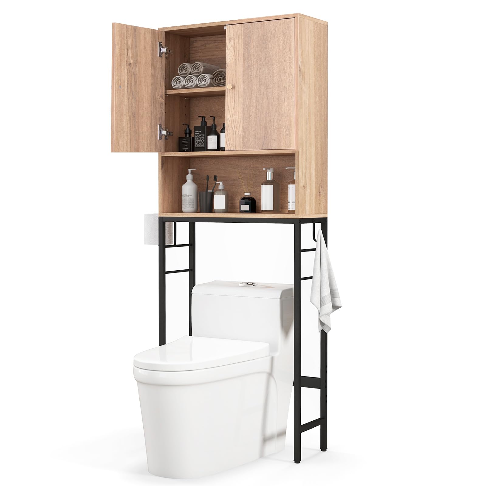 Tangkula Over The Toilet Storage Cabinet, Bathroom Space Saver Organizer with 2 Doors, Metal Stand, 2 Side Hooks, Freestanding Above Toilet Storage