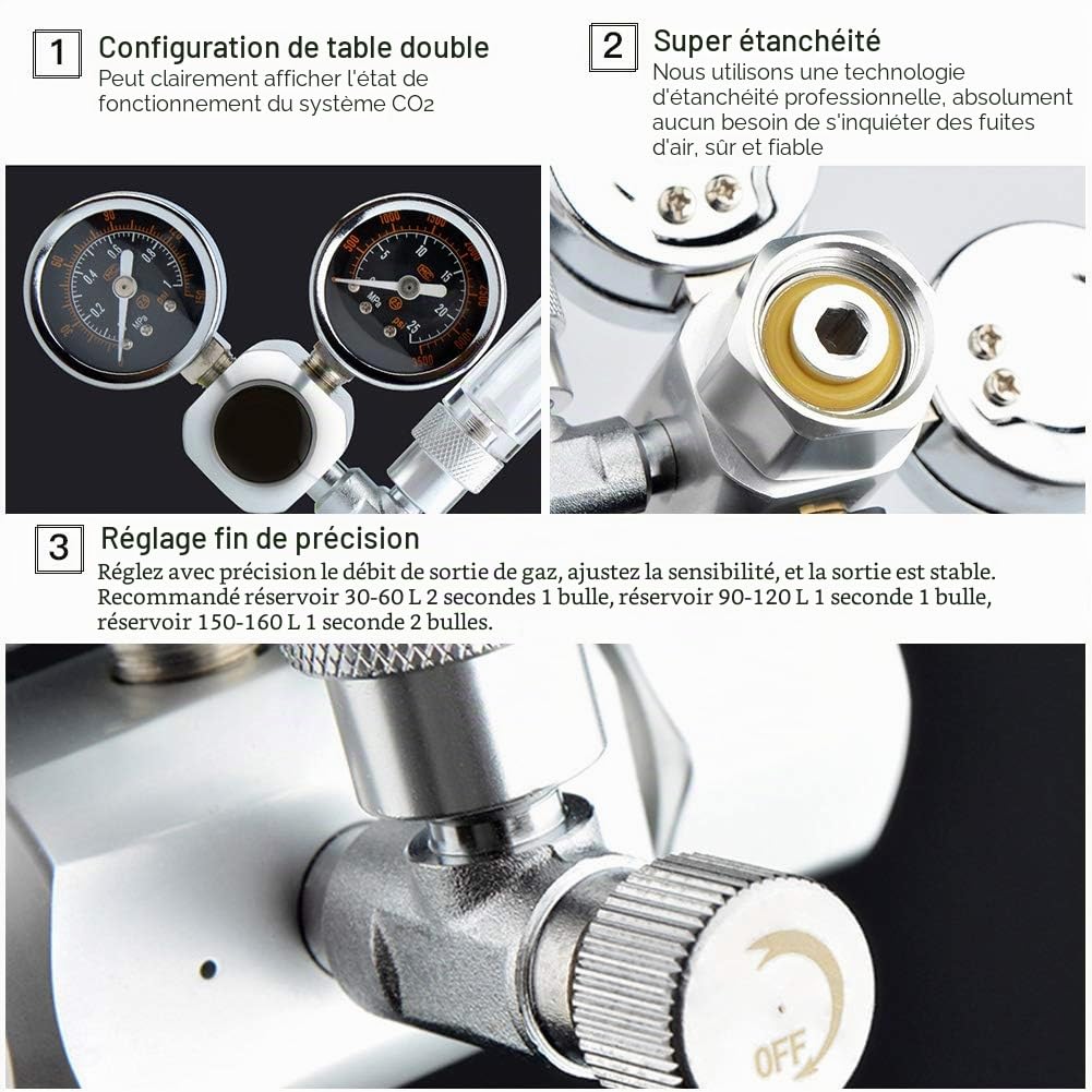 Régulateur de CO2 pour Aquarium Doseur de CO2 pour Aquarium Double de CO2 pour système aquatique à pression réglable avec comptables et clapet anti-retour(W21.8)