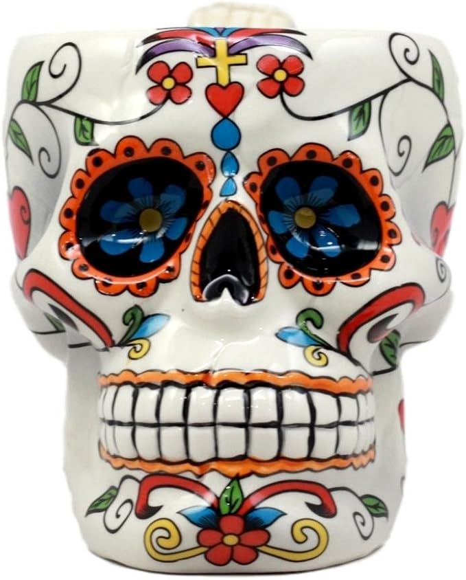 White Tribal Day of The Dead Crucifix Rosario Sugar Skull Drink Coffee Mug Cup Ceramic