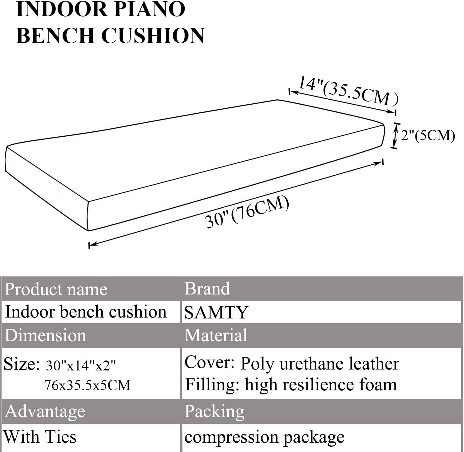 SAMTY Faux Leather Piano Bench Cushions with Ties for Indoor Shoe Storage, Window Seat, Patio Seating, Dining Room Sette Bench pad 30x14 inch, Black
