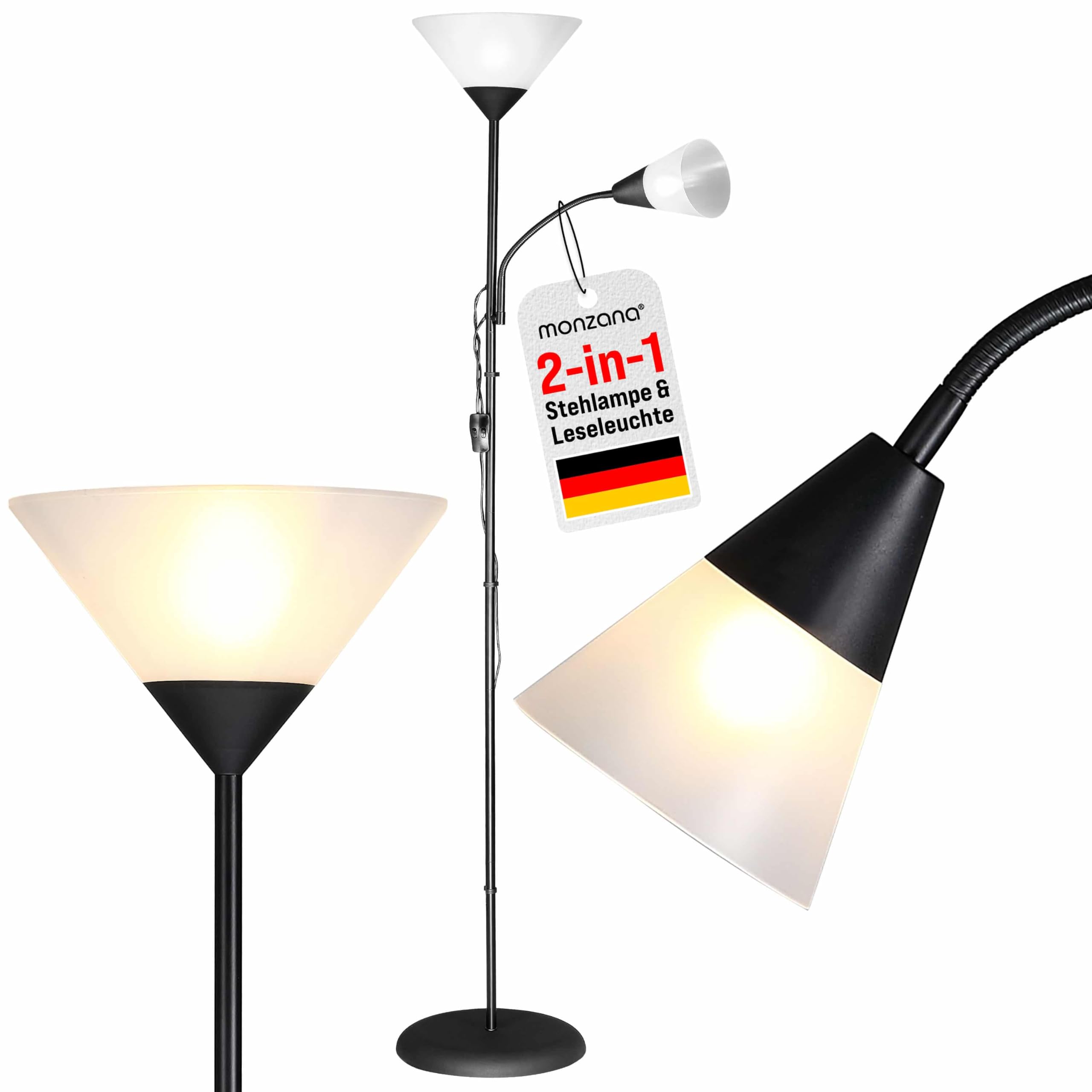 Monzana® Stehlampe 175 cm Schwarz Verstellbare Stehleuchte mit Deckenfluter und Leselampe moderne Standleuchte für Wohnzimmer Schlafzimmer Büro