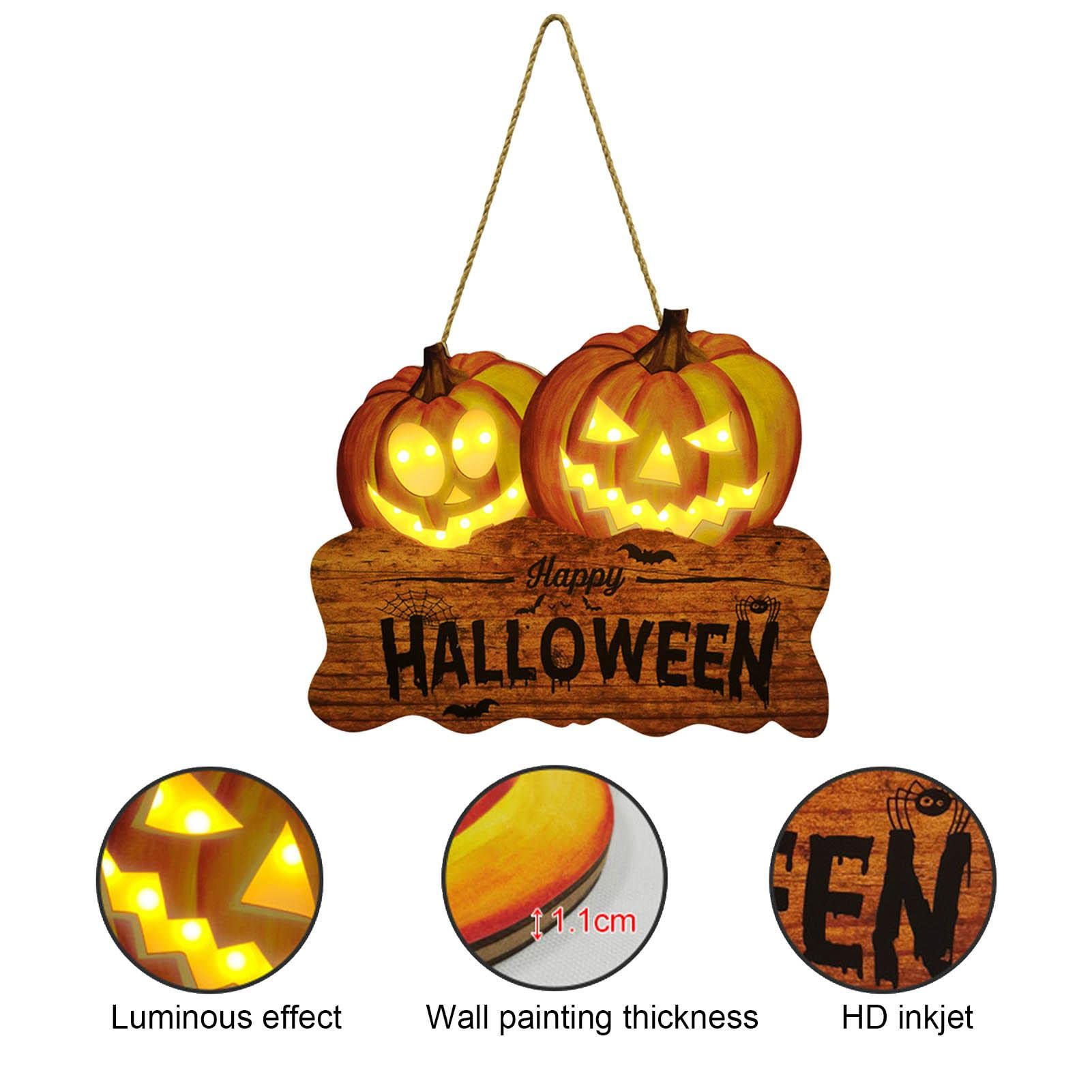 Targa Luminosa Di Halloween A Forma Di Zucca, Legno Di Pioppo, Con Scritta Happy Halloween, Per Porta O Parete, Decorazione Per Feste E Outdoor