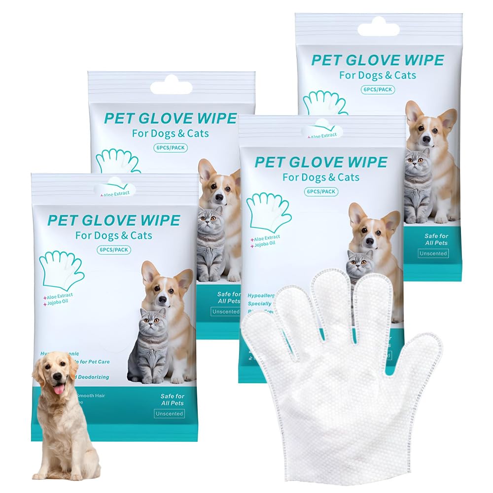 XEERUN 24 Pcs Pet Glove Wipe, Pet Cleaning Gloves for Dog and Cat, Pet Wash Free Gloves, Easy Use on Fur Face, Body, Ear, Eye, Paws, Hypoallergenic, Thickened Grooming Wipes for Daily Care& Travel
