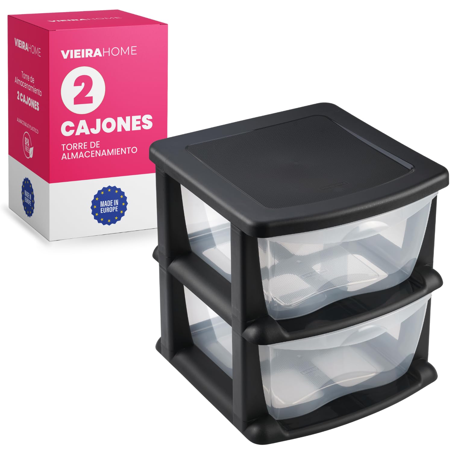Cajonera Organizador Sobremesa Escritorio Cajoneras plastico apilables torre almacenamiento 2 cajones transparente| Escritorio,Oficina, escuela, Dormitorio - Hecho en E.U. (2 Cajones)