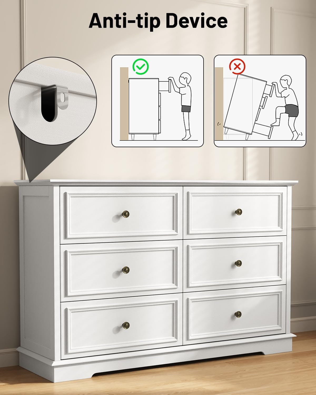 White Dresser, 6 Drawer Dressers for Bedroom, Wide Chest of Drawers with Deep Drawers, Closet Dressers with Metal Handle, Wood Dresser for Living Room, Hallway, Closet