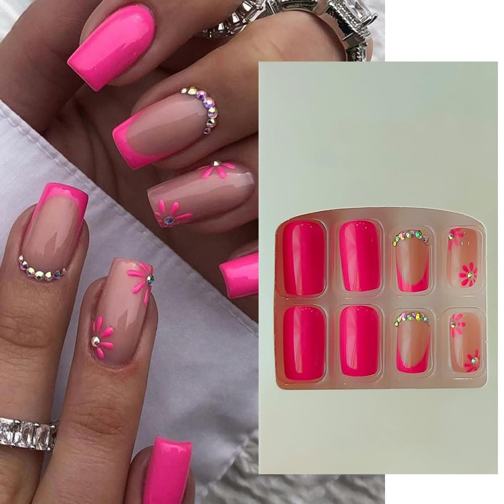 24Pc Nude & Pink Floral 3D Crystal Long Square Press-On Nails - Adhesive Tabs & Liquid Glue Included