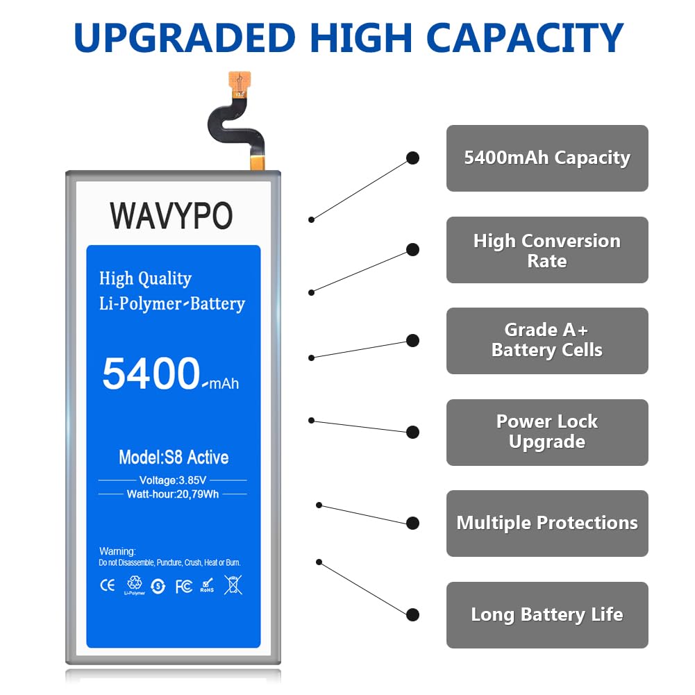 Wavypo 5400mah Battery For Galaxy S8 Active Upgraded New Lithium