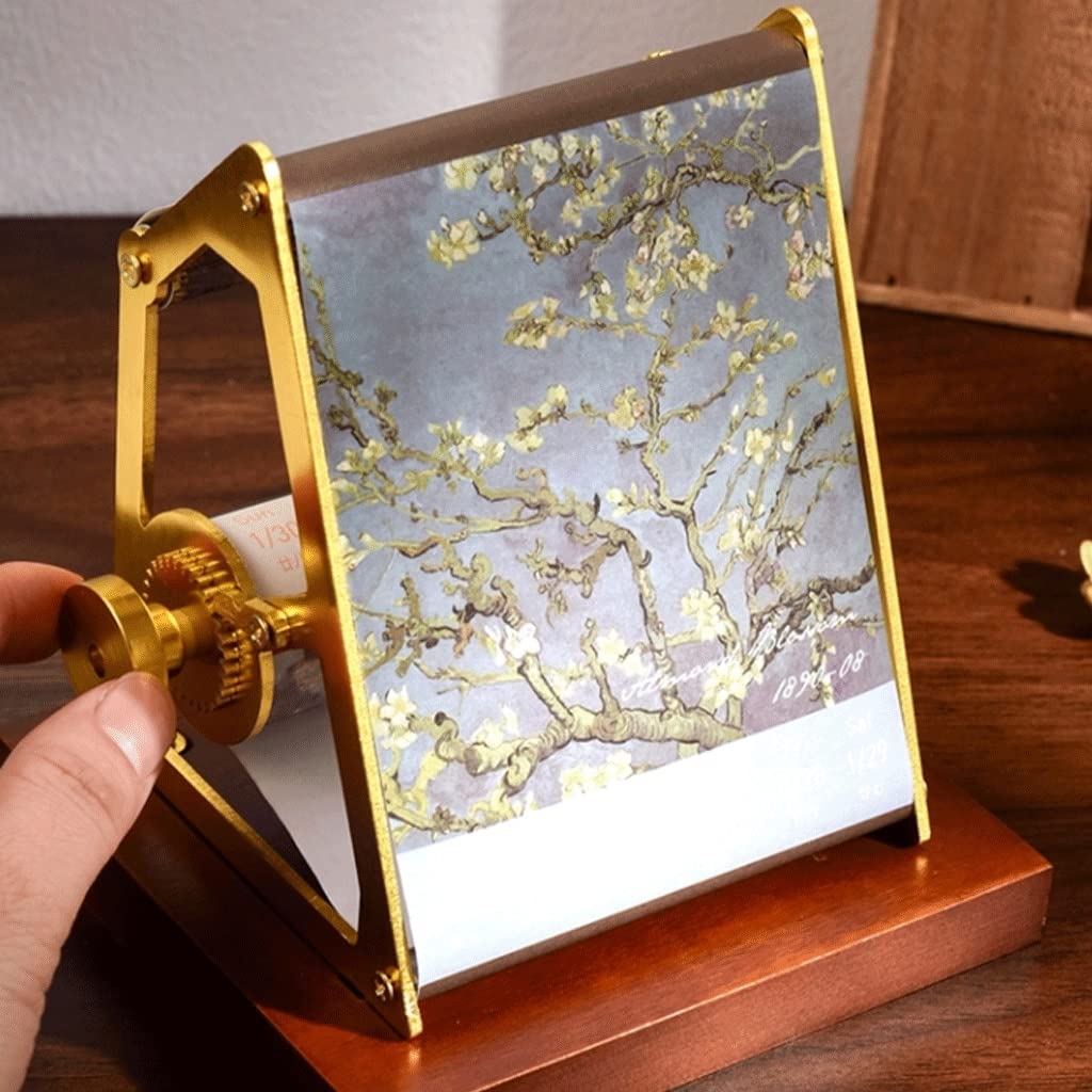 ZQDMYT Ölgemälde-Tischkalender 2022,5.2"x5.3 x4.4, handgekrankter mechanischer Drehkalender mit Massivholzbasis, kreatives Geschenk
