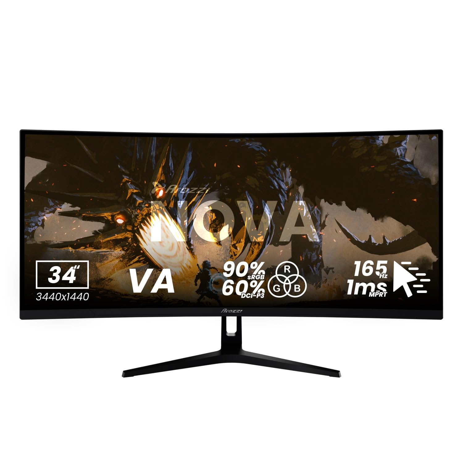 Arozzi Monitor Curved Gaming Nova 34" VA 165Hz - Schermo Ultrawide QHD 1440p con sincronizzazione adattiva, HDR10 e display senza sfarfallio - 90% sRGB - PC e console - Nero