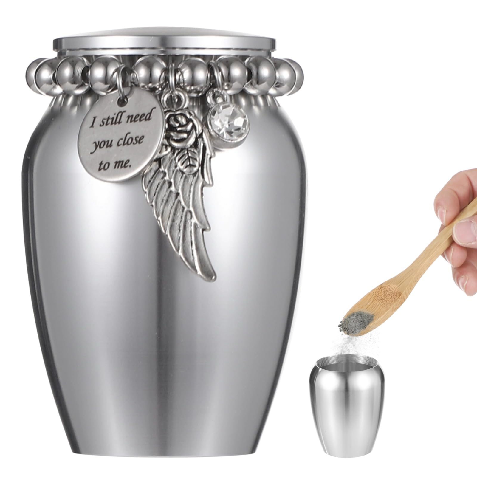 Small Urn with Wing Pendant, Silver Memorial Ashes Holder for Loved Ones and Pets Customizable