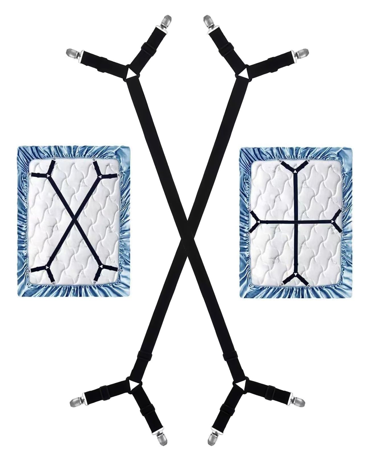 ASADAYS 2-Pack Bed Sheet Fasteners 4-Clip Adjustable Triangular Elastic Straps Cross Mattress Anti-Slip Grippers Secure Grip Clips for Bed Sheets and Sofa Cushions Essential for Home (Black-4Clip/2P)