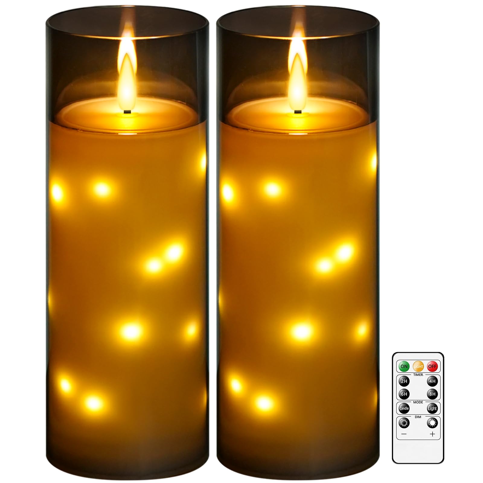kakoya 11" x 4" Large Outdoor Waterproof Flameless LED Candles with Remote and Timer,Acrylic Pillar Candles Battery Operated with Embedded Star String for Porch,Patio,Outdoor Decor,Set of 2(Grey)