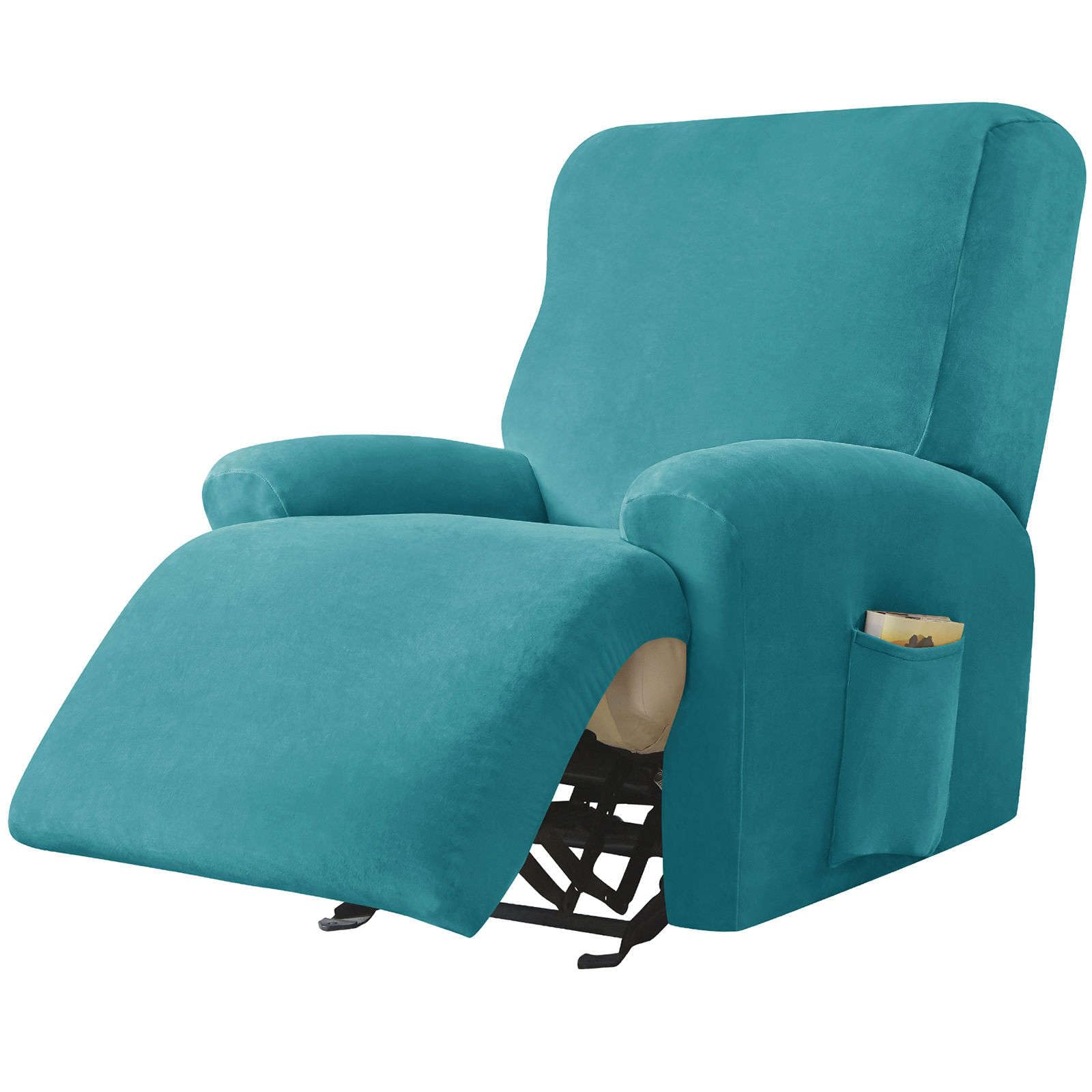 Copripoltrona Elastico Relax Velluto, Copripoltrona Reclinabile 4 Pezzi Morbido Antiscivolo con Tasche per Soggiorno-Teal-1 Posto