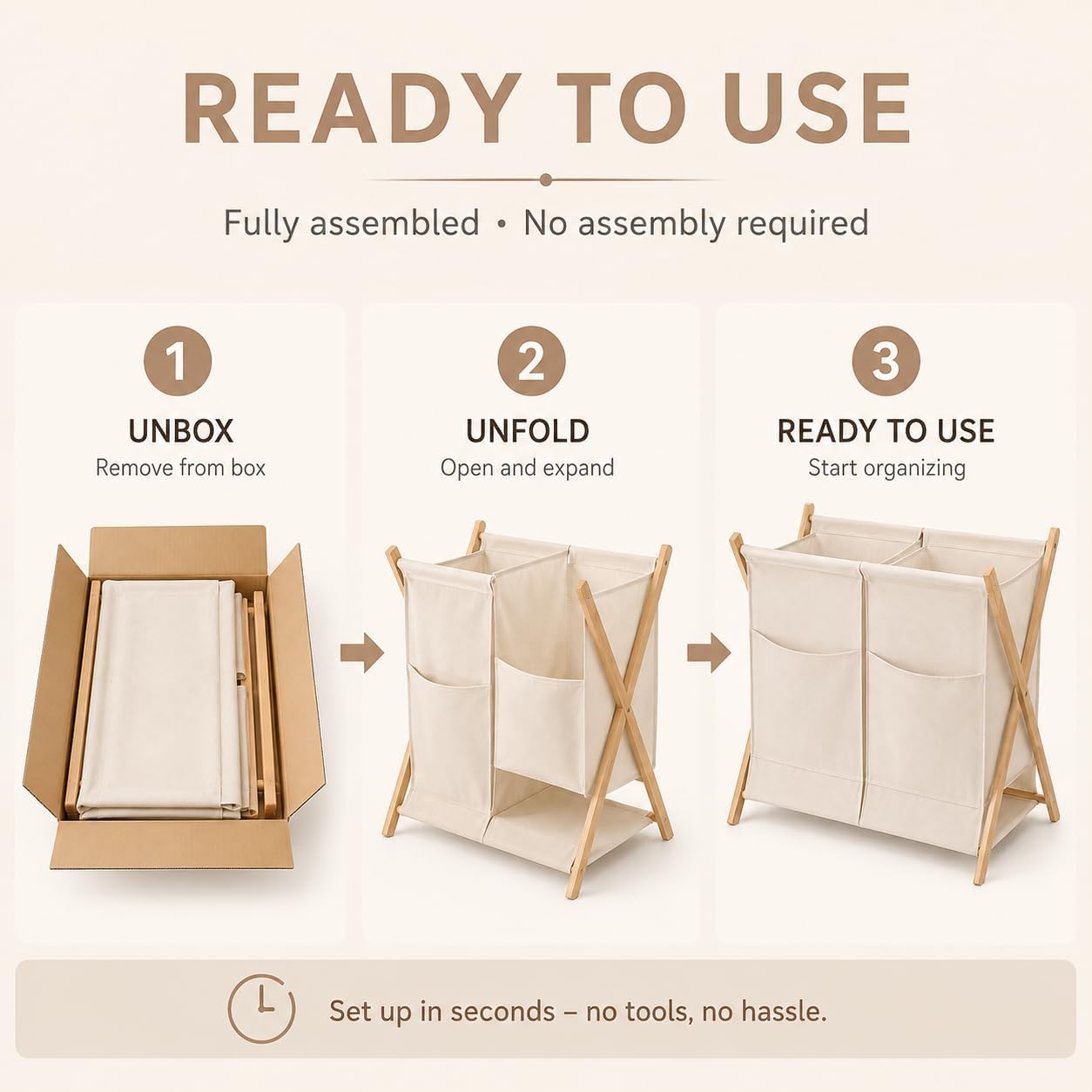 DUMDUM Double Laundry Hamper, 2 Compartments, Bamboo X-Frame, Beige (Upgraded,No Assembly Required, Ready to Use for RV, Dorm, Bedroom and More)