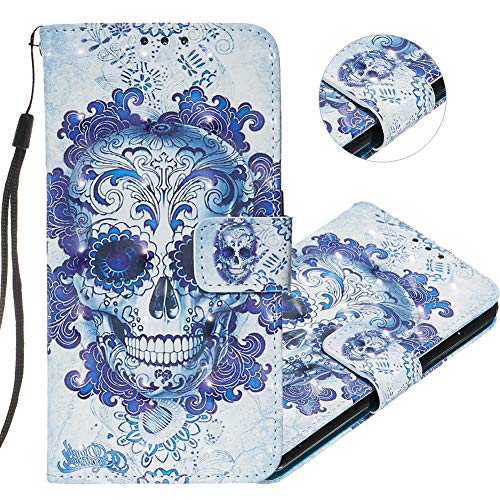 IMEIKONST A9 Star Pro Funda 3D Moda Design Carcasa PU Cuero Libro Flip Card Holder Cartera Magnetic Cover con Función de Soporte Funda para Samsung Galaxy A9 2018 / A9S 3D Blue Skull YB