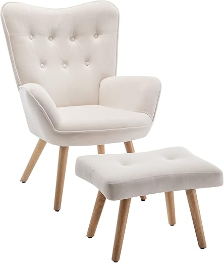 HollyHOME Sessel mit Hocker Wohnzimmerstuhl Relaxsessel, Polsterstuhl Samtstoff Akzent Stuhl mit Fußschemel Loungestuhl, Lesestuhl für Erholungzimmer, Beige