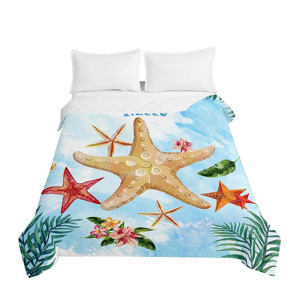 Jeté de lit bleu clair motif étoile de mer pour ambiance marine de chambre