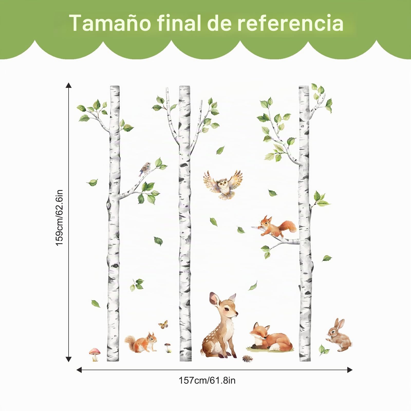 Tanlaby Abedul Animales Adhesivos Pared Grande Bosque Árbol Pegatinas de Pared Ciervo Zorro Conejo Vinilos Decorativos para Niños Bebés Habitación Dormitorio Guardería
