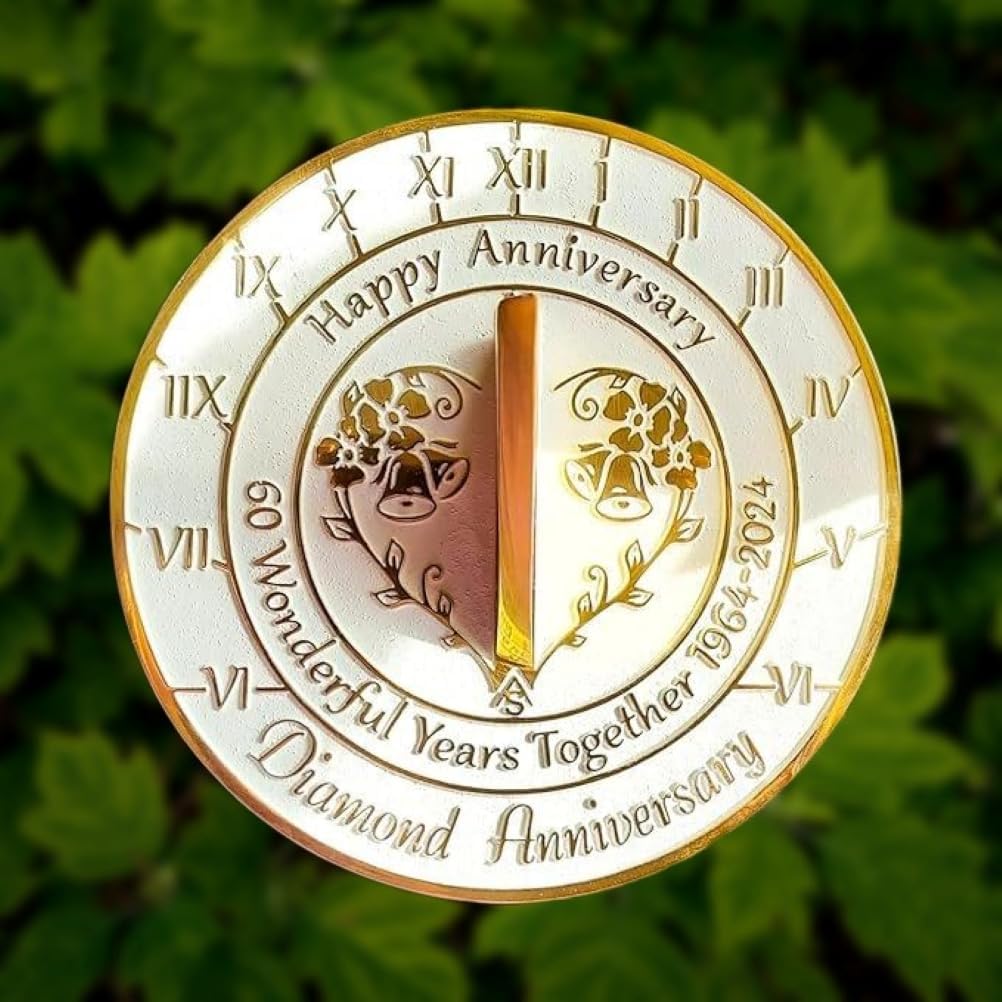 60th Diamond Wedding Anniversary 1964-2024 Metal Home Decor Sundial | Garden Present Idea for Couple Him Her Parents Handmade Anniversary 60 Year Celebration Sundial 10" White