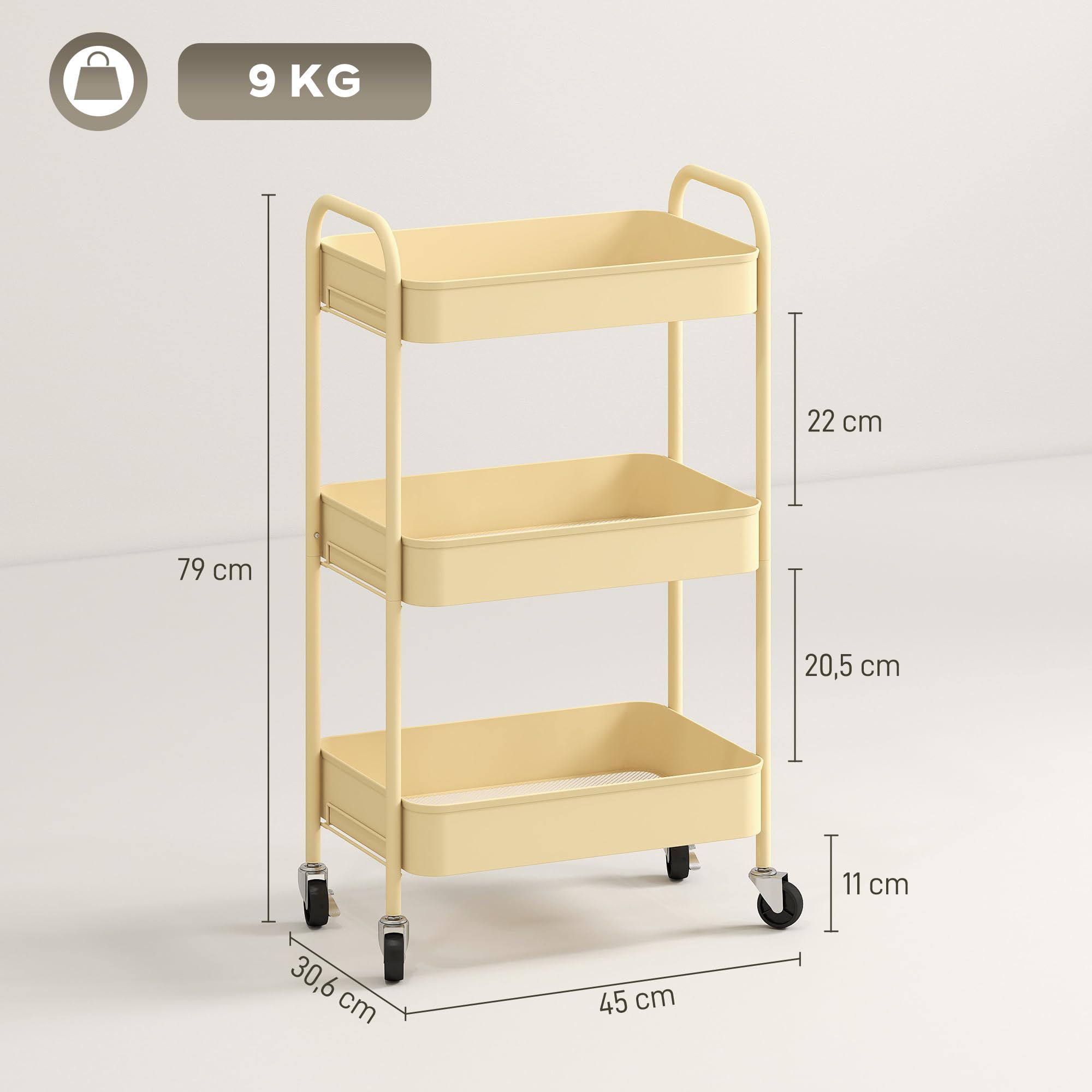 HOMCOM Carrello 3 ripiani su ruote con 3 cestelli in metallo Giallo | Carrello portariviste in metallo, carrello scorrevole, soggiorno, cucina