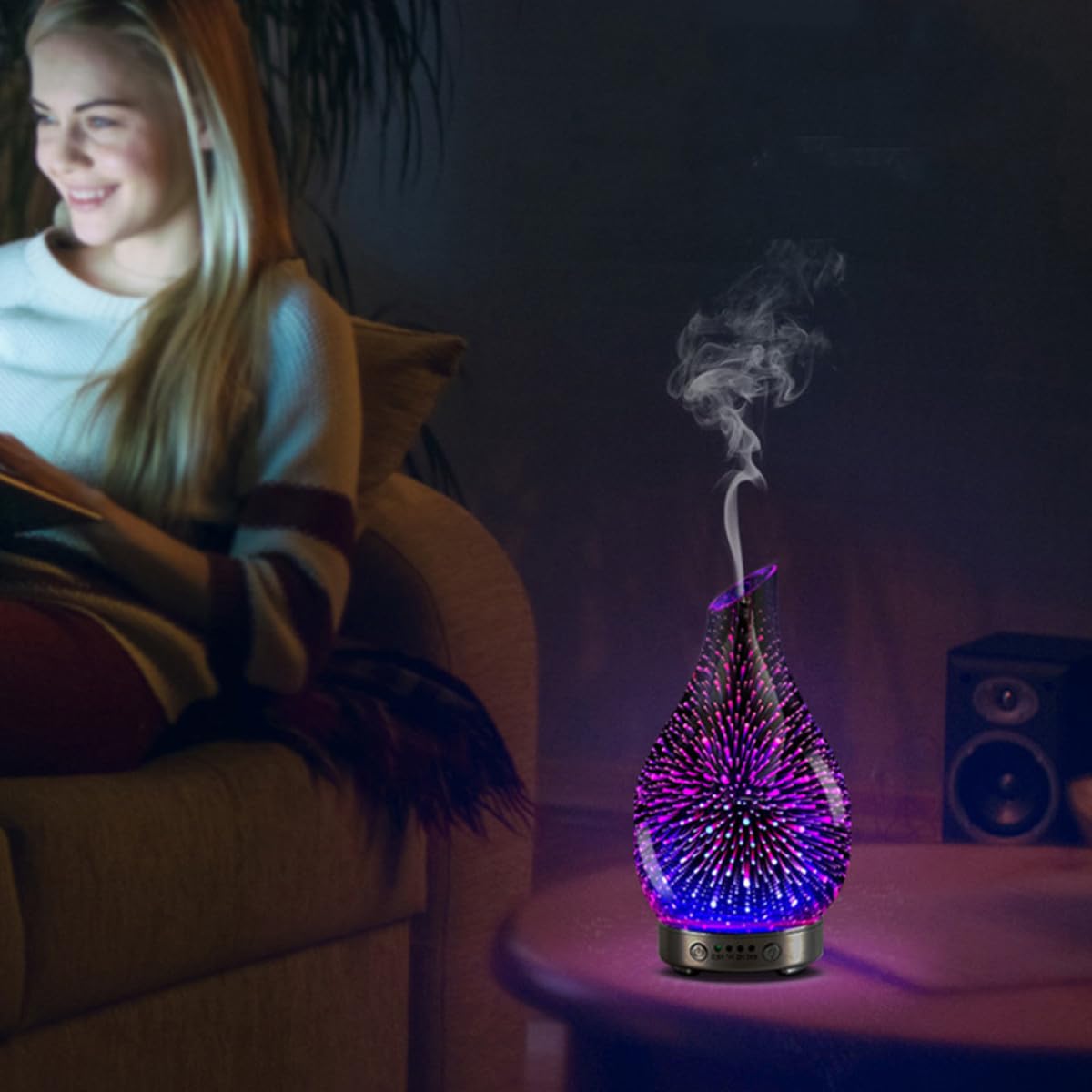 Difusor de Aroma Eléctrico de Vidrio Púrpura Humidificador y Luces LED Cambiantes, Tecnología Avanzada de Reducción de Ruido para Oficinas y Salas de Reuniones