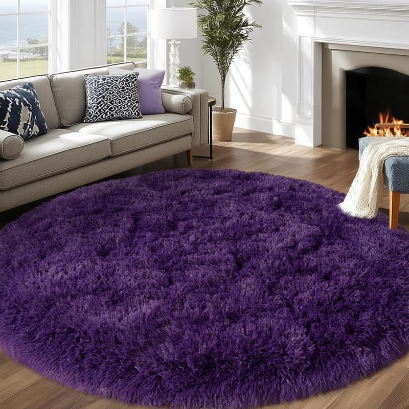 Image of Round Plain Fur Rugs for Hall and Drawing Room 7x7 Feet Deep Purple