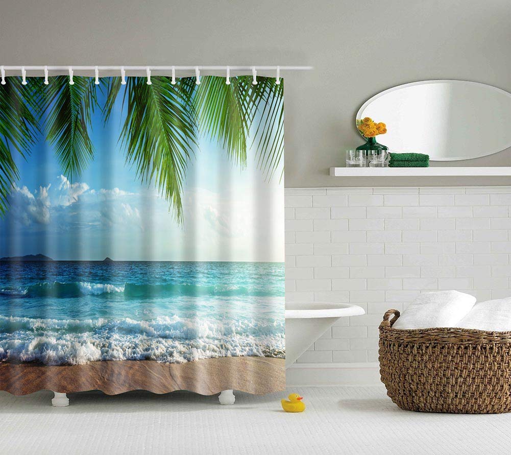 BOYOUTH Sunny Beach Pattern Digital Print Shower Curtains for Bathroom Decor,Polyester Waterproof Fabric Bath Curtain with 12 Hooks,70x70 Inches,Multicolor