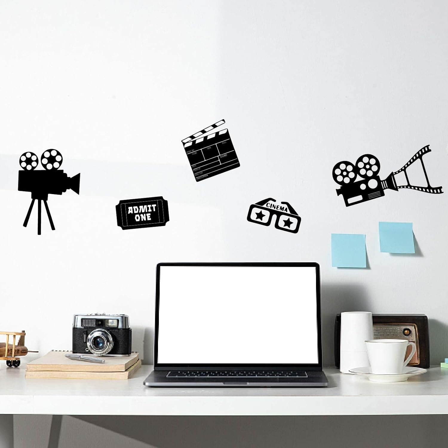 SUPERDANT Movie Reel Wall Decor Movie Elements Wall Sticker Filmstrip Popcorn Decals Vinyl Art Decor Wallpaper Stickers Art Mural for Movies Theater Cinema Living Room Decoration 35.4x11.8in