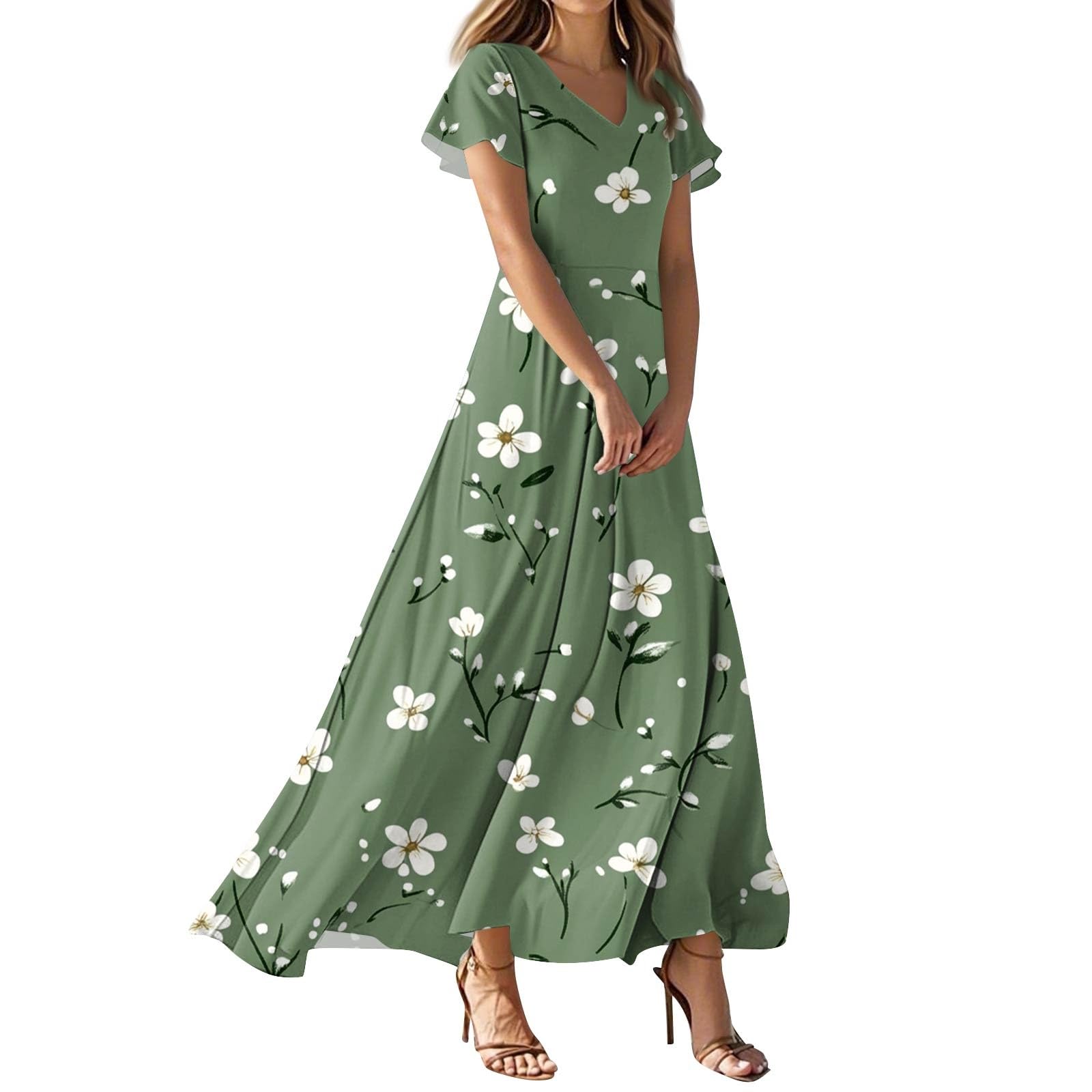 Sommerkleid Damen Lang Chiffon Geblümt Maxikleid Elegant Italienische Kleider Maxi A Linie Sommerkleider Leicht Und Luftig Chiffonkleid Frauen Sommer Blumen V Ausschnitt Kleid Flatterärmel