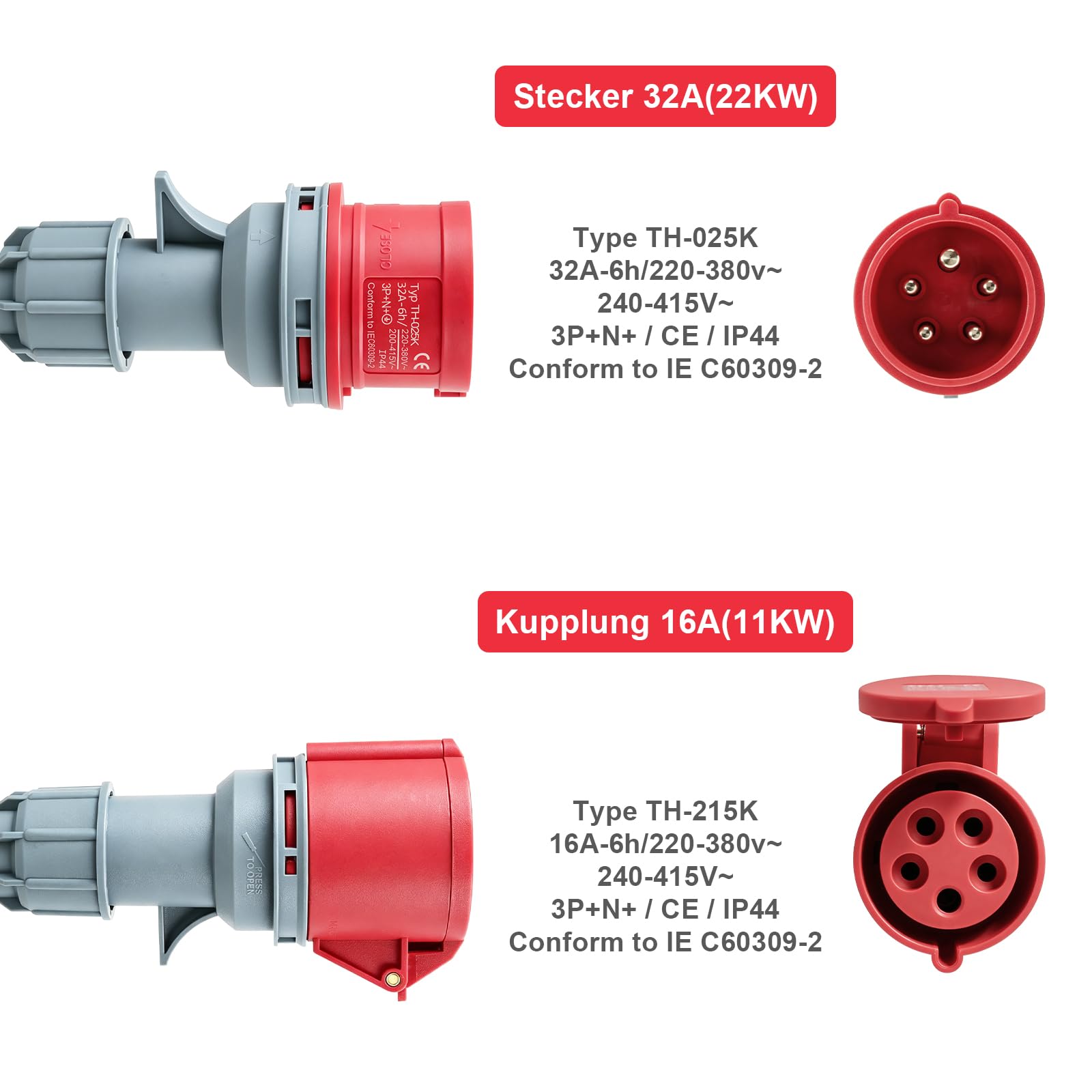 Adapter 32A a 16A, CEE Adapter 32A Stecker auf 16A Kupplung, Starkstrom Adapter 3 Fases con VED 0,5m, Núcleo de cobre 5x2,5mm², 415V máx, IP44 para industria, hogar y carga de vehículos eléctricos