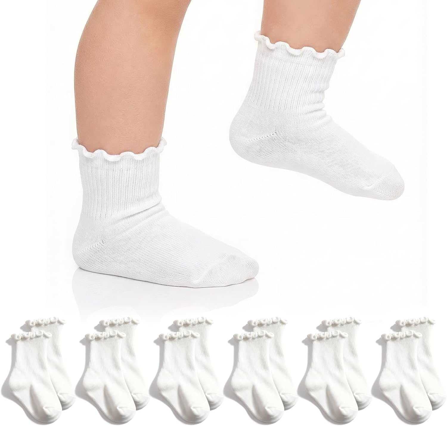 6 Pairs Toddler Ruffle Socks for Girls, Cotton Toddler Ruffle Socks, Ankle Socks, White Toddler Girl Sock - Image 2