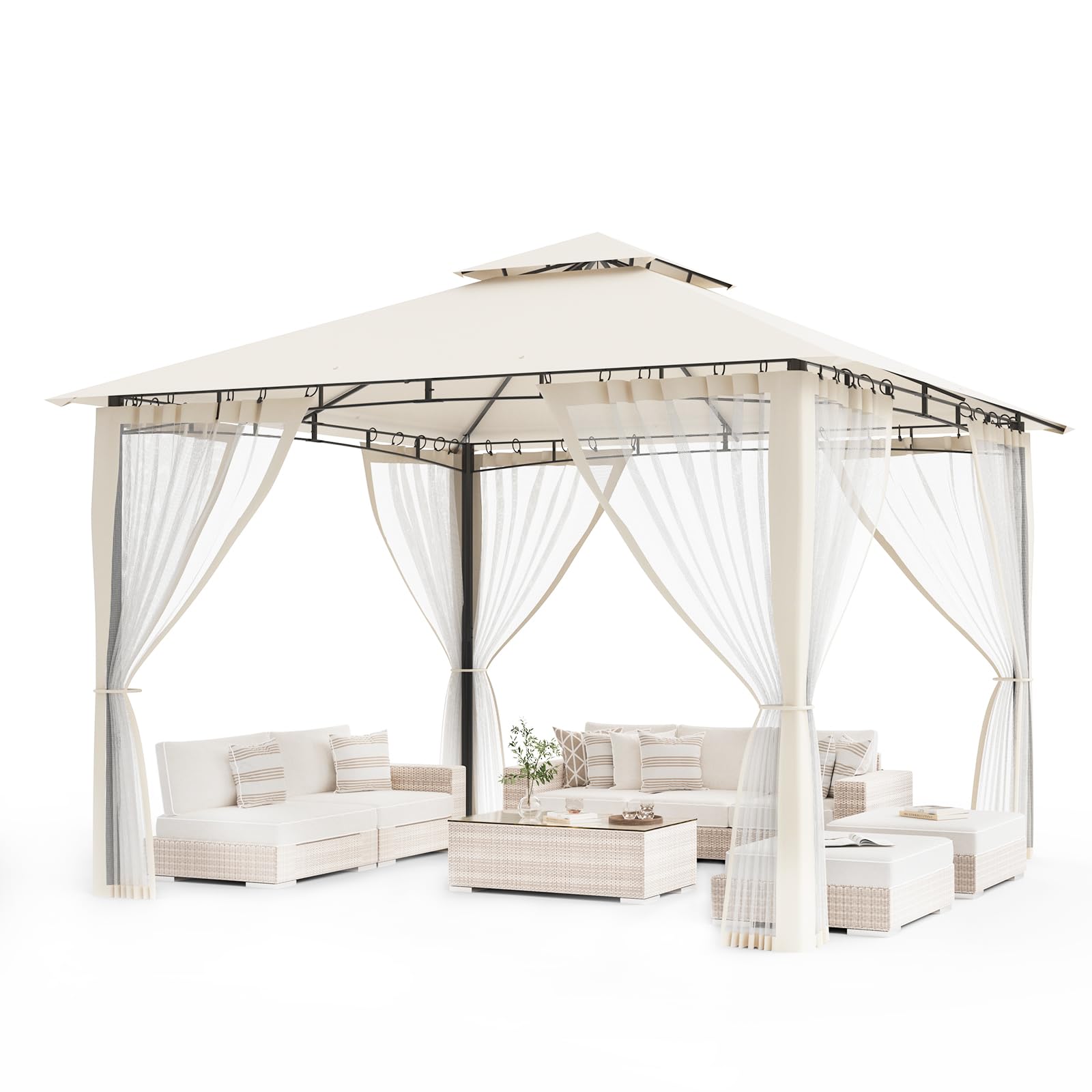 Amopatio 3.4x3.4M Garten Pavillon Wasserdicht Stabil Winterfest, Doppeldach Gartenpavillon mit Moskitonetz, Deluxe Patio Gazebo Wetterfest, Partyzelt Gartenlaube Metall für Pool Seite, Terrasse, Beige