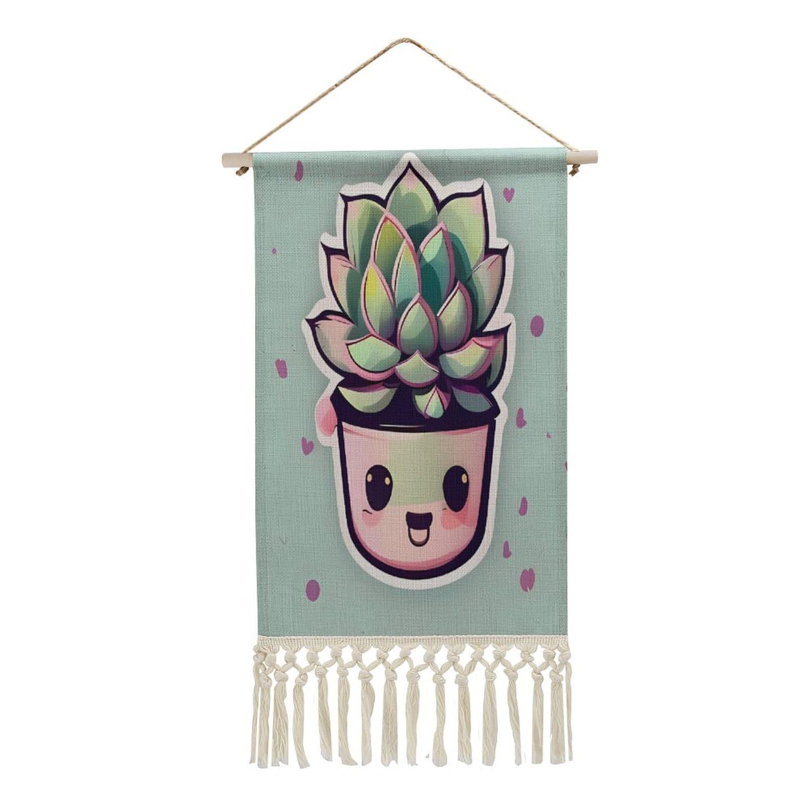Adfgyerh Style Smiling Succulents Tapestry With Tassels Cotton And Linen Hanging Posters, Wall Art For Travel Gift, Wall Tapestry For Office Home Decor Bedroom Living Room Decor