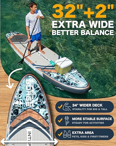 Image of 11'x34 Ultra Wide Inflatable Paddle Board, Stand Up Paddle Board &420lb Capacity for All Skill, Paddle Board for Yoga /Family, EVA Deck, US Fin, 100L Bag, High-Pressure Pump, Safety Leash