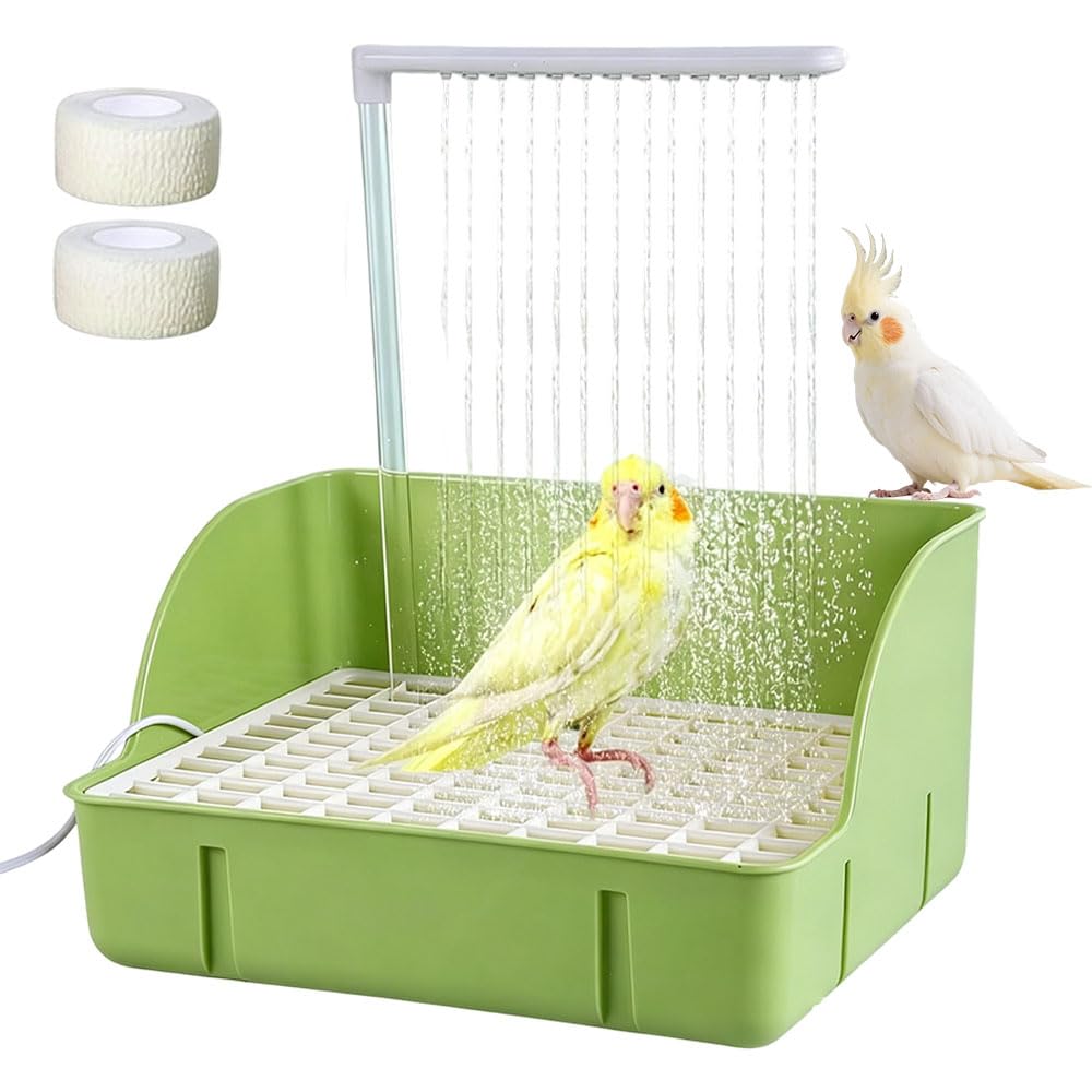LUFEIS Bird Bath, Automatic Water Circulation with 26 Water Outlets, Parrot Splash Bath with Raised Back and Sides, USB Electric Birds Tub for Parakeet, Cockatiel, Parrot & Small Medium Birds (Green)