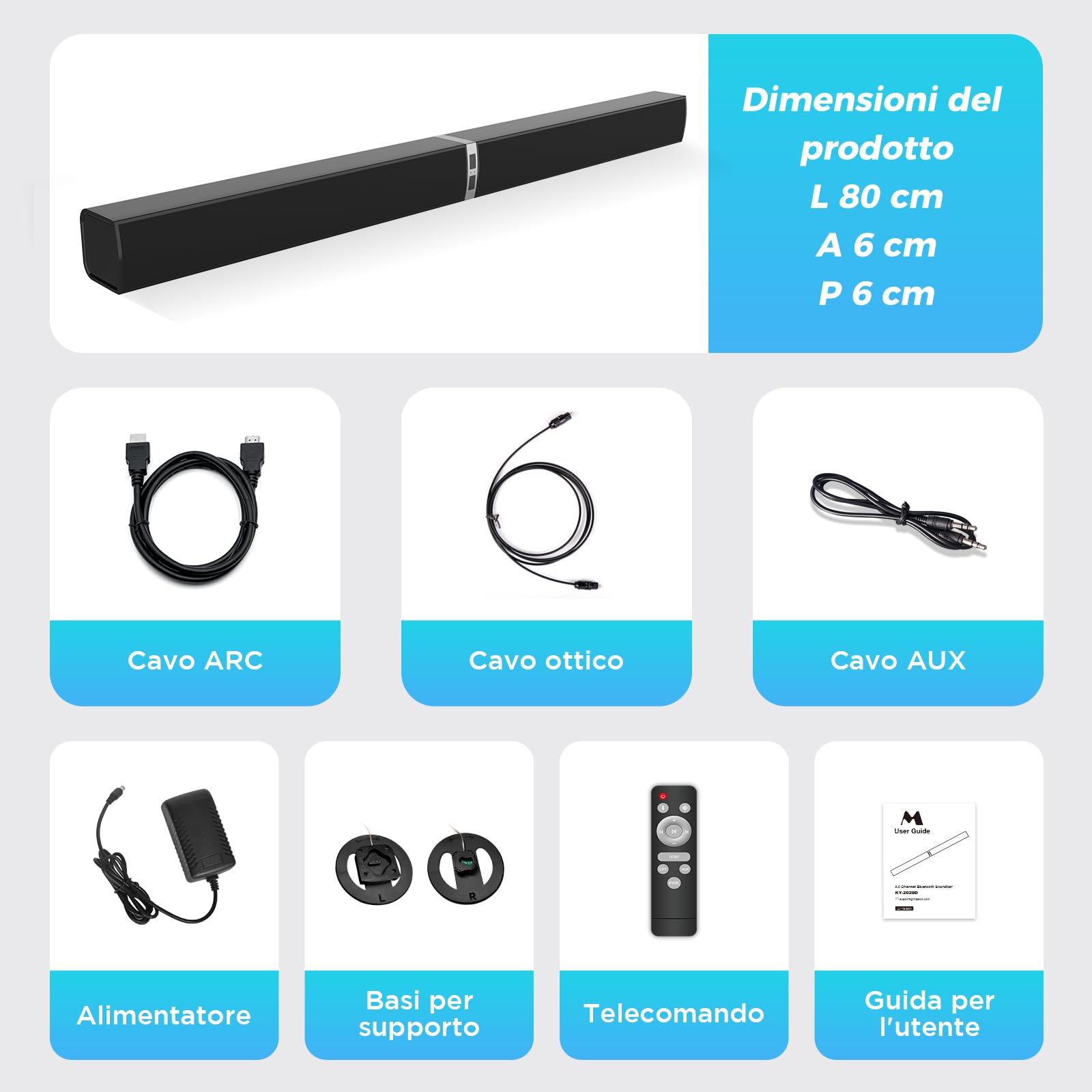 Bluetooth Soundbar per TV, 32 Inch Staccabile 2 in 1 Sound Bar per Televisore con Audio Potente, Altoparlanti per TV per Home Theater Audio, 2.0 canali con OPT/ARC/AUX, 1pcs
