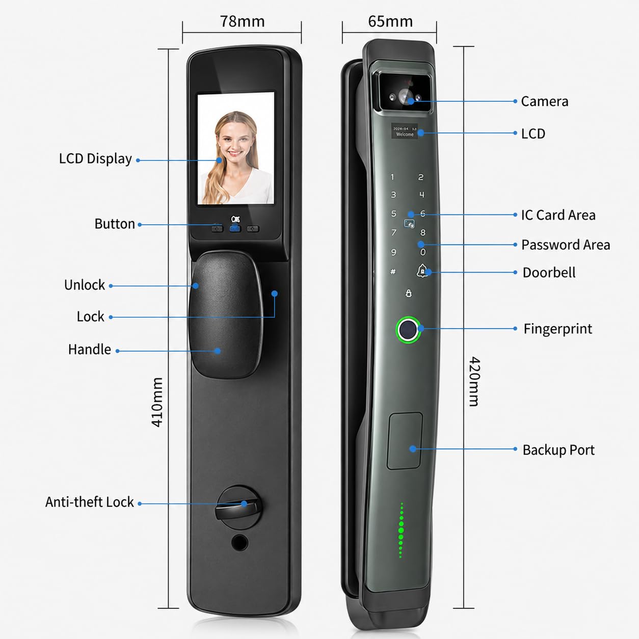 Serrure de porte intelligente avec reconnaissance faciale 3D, empreintes