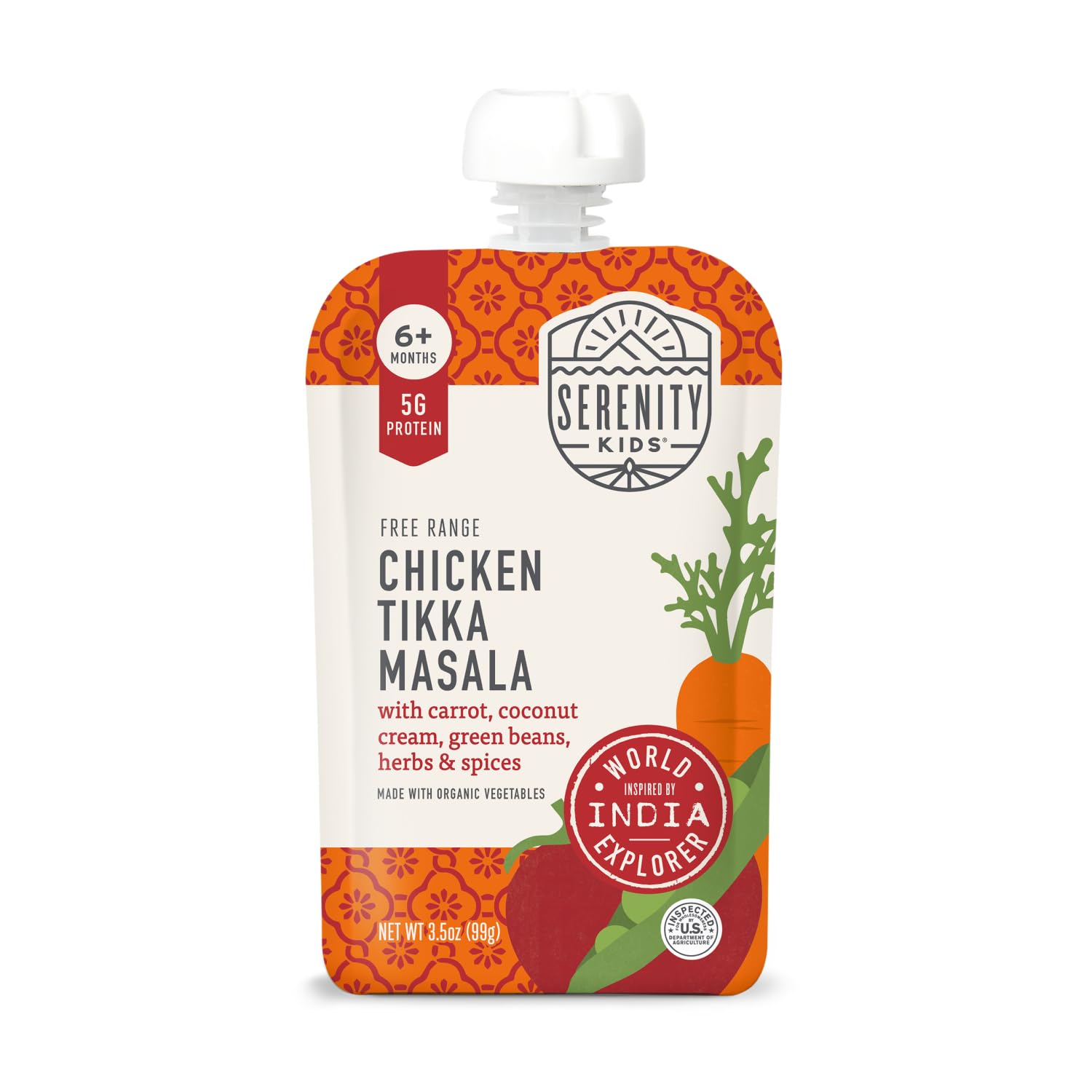 Serenity Kids 6+ Months World Explorers Baby Food Puree with Ethically Sourced Meat & Organic Veggies - Chicken Tikka Masala - 3.5 Ounce BPA-Free Pouch - 6 Count