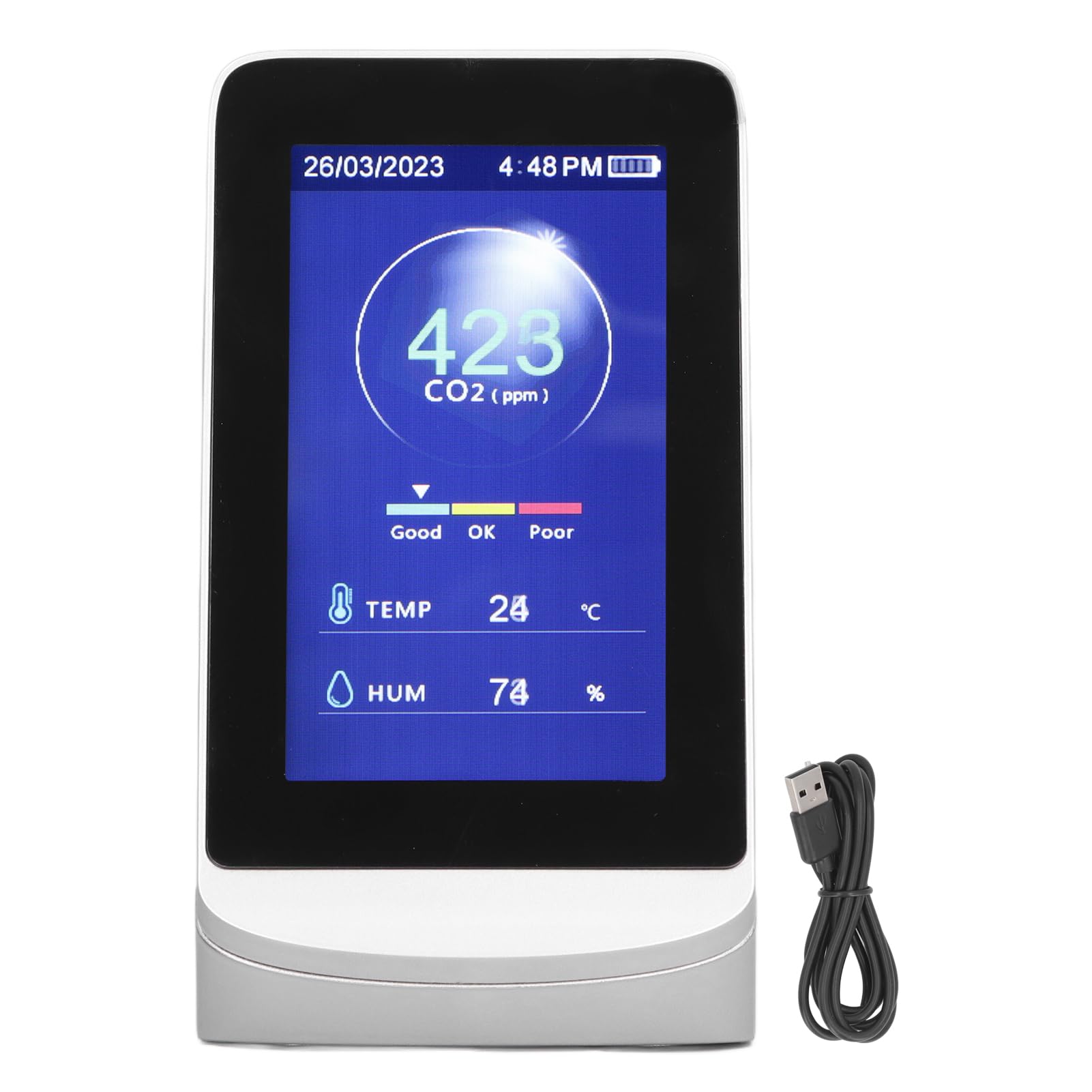 Monitor de Calidad del Aire CO2 WiFi 3 en 1 Dióxido de Carbono Humedad Temperatura Probador de Aire Sensor infrarrojo NDIR Multifuncional con Pantalla LCD de 4,3 Pulgadas Batería