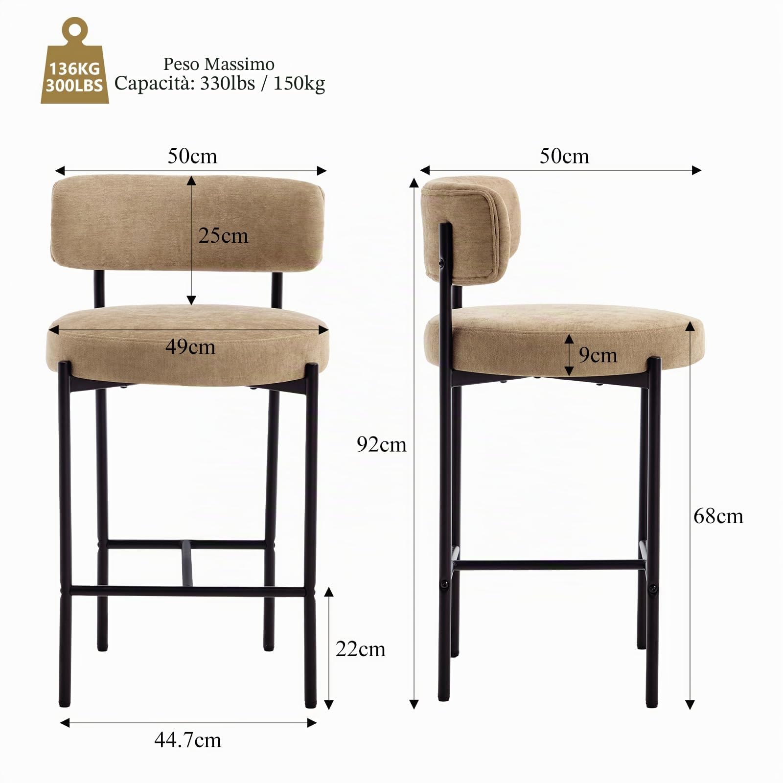 Set di 2 Sgabelli da Bar in Chenille Stile industriale Cachi