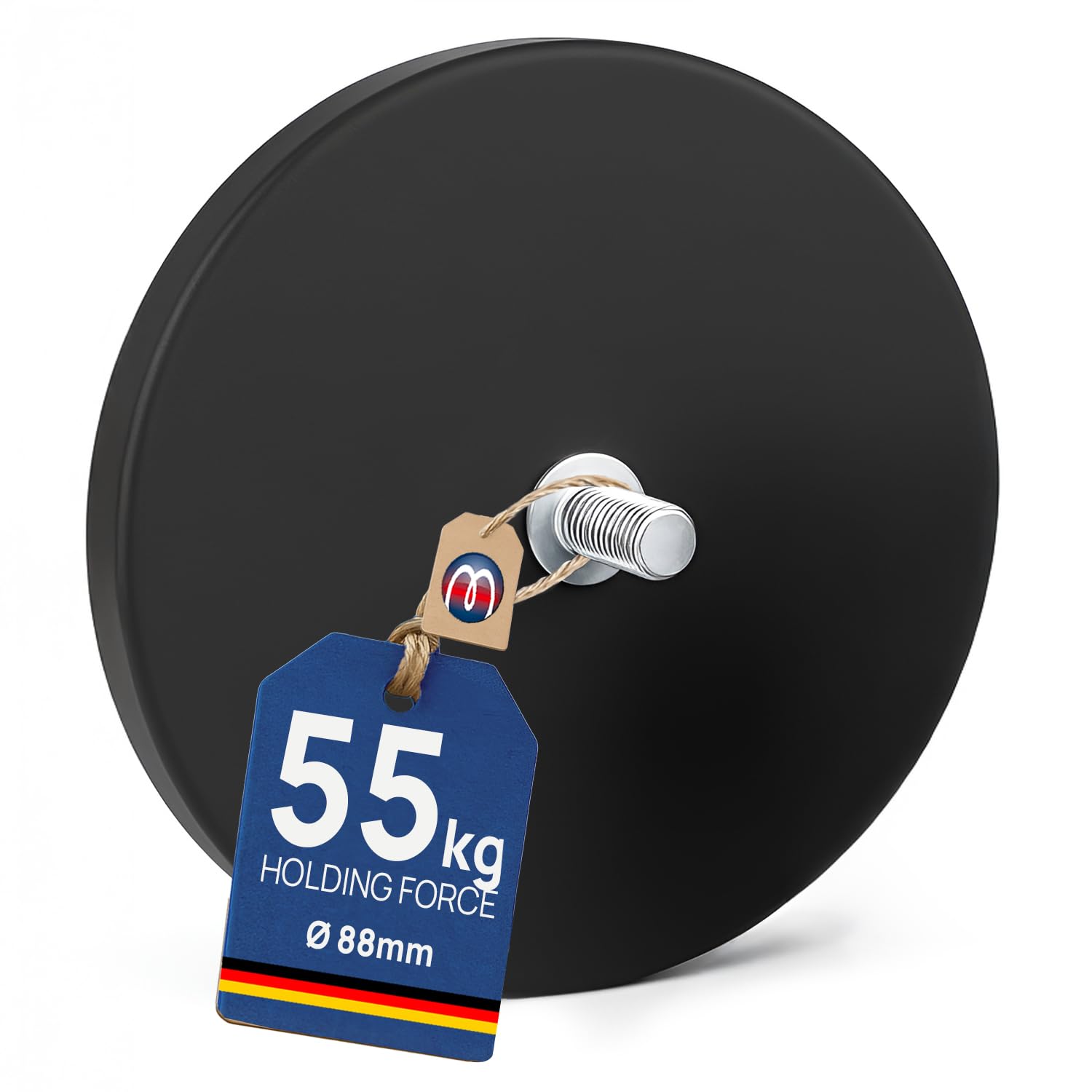 Rubber Coated Neodymium Magnet Ø 22mm - Ø 88mm threaded rod, rubber jacket, Size:Ø 88mm | M8 x 15 | Force 55kg