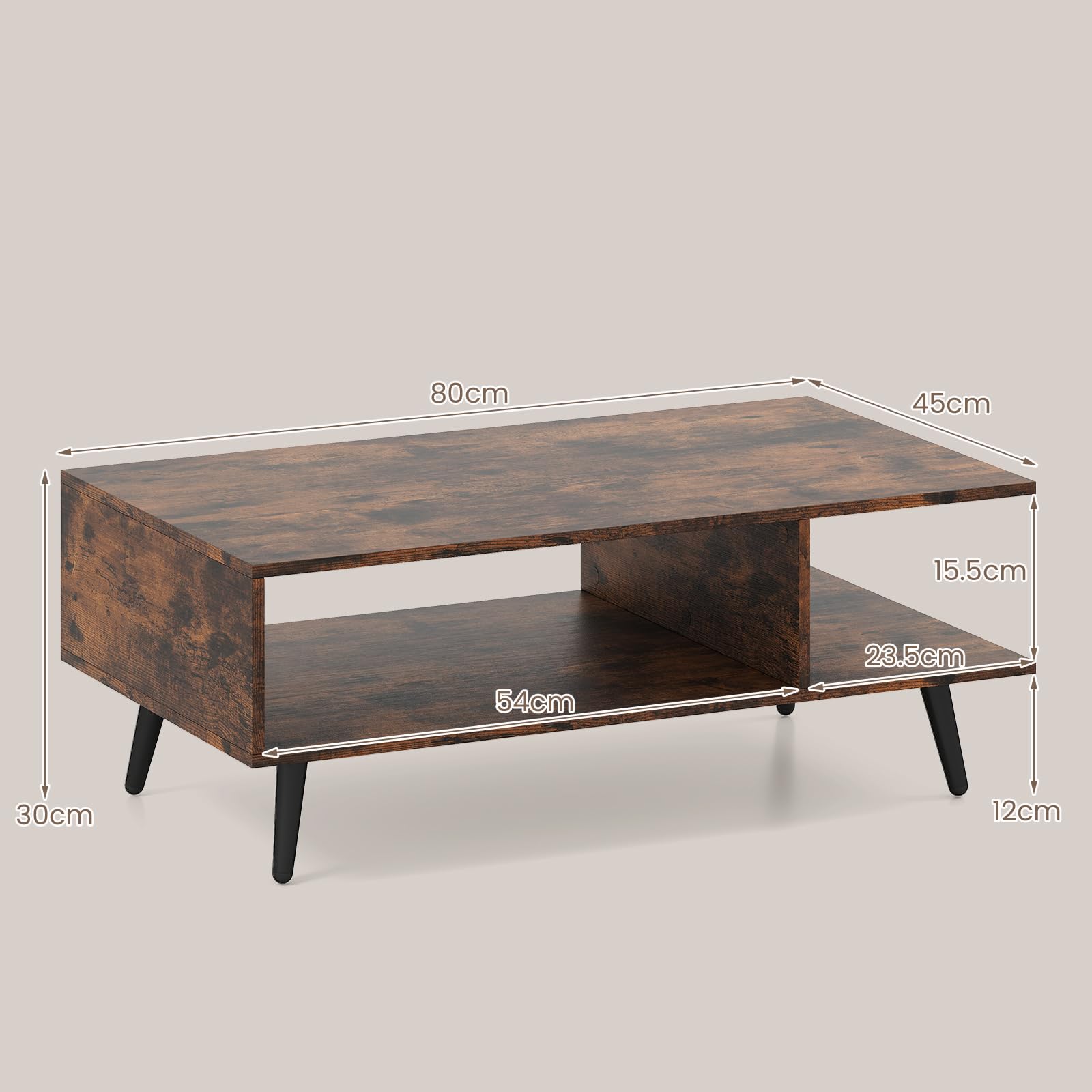 LIFEZEAL Tavolino Salotto, Tavolino Basso da Caffè, da Divano, a 2 Ripiani, con 2 Scomparti Aperti, Gambe in Metallo, Moderno, per Soggiorno, Montaggio Semplice, 80x45x30cm, Max 80kg (marrone)