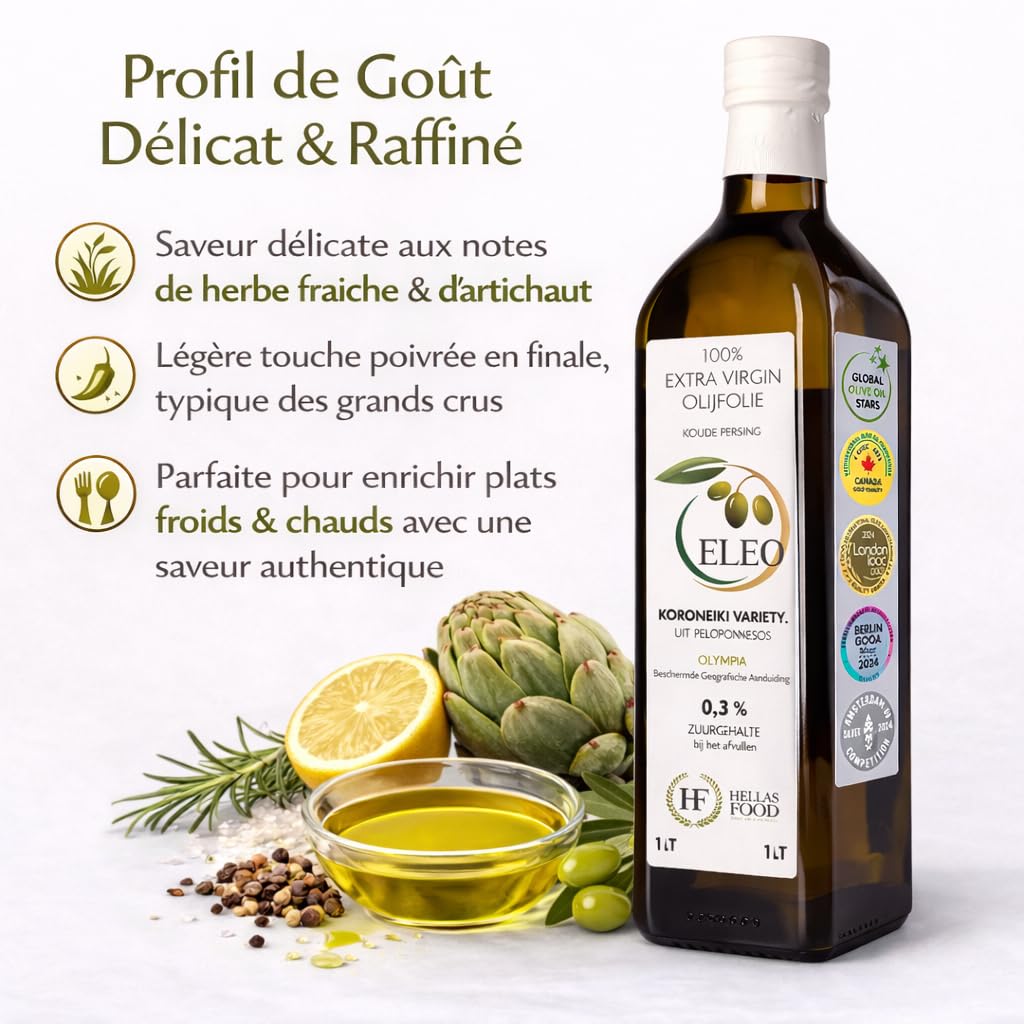ELEO Olympia - Huile d’Olive 1L Bouteille Extra Viege - Pressée à Froid - 100% Olives Grecques Koroneiki - Qualité Supérieure - Riche en Antioxydants - Lauréat de Médailles Internationales