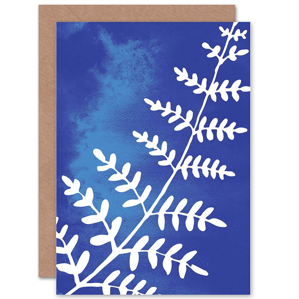 Wee Blue Coo Fern Leaves Watercolour Cobalt Blank Greetings Art Card