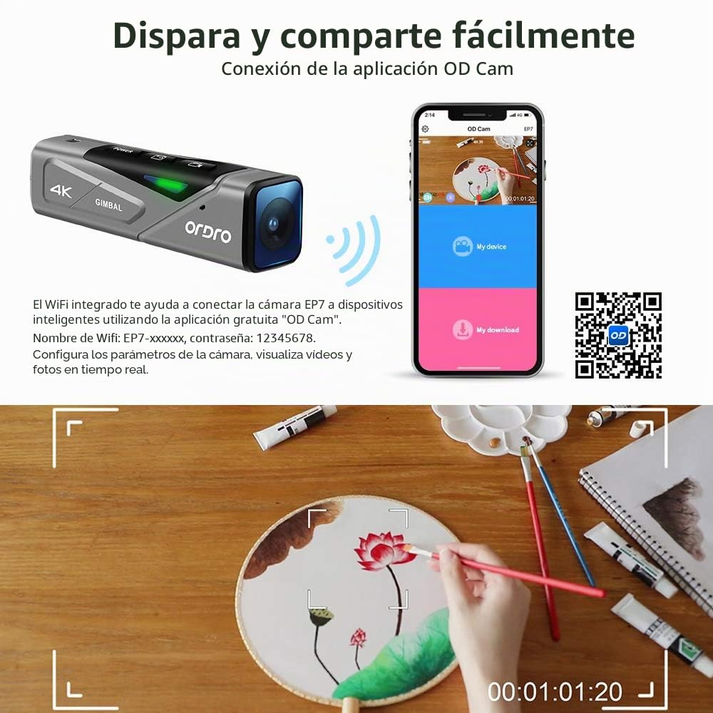 ORDRO videocamara Manos Libres 4K EP7 Cámara portátil, cámara de Video Ultra HD 4K 30FPS con estabilización de Imagen de cardán, Enfoque automático y Control Remoto y Tarjeta miscrosd de 64Gb