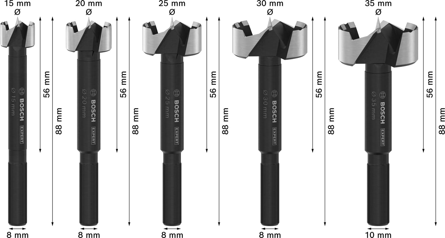 Bosch Expert Wood Forstner - Set di 5 punte per trapano (per legno tenero, legno duro, Ø 15,0, 20,0, 25,0, 30,0, 35,0 mm, accessori professionali, trapano, cacciavite)