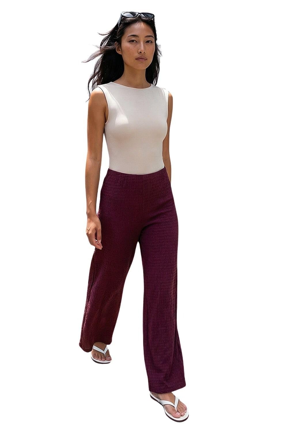 Roman Originals Women's Petite Wine Roman Petite Textured Stretch Trouser For Uk - Everyday Holiday Spring Summer Comfy Soft Evening Vacation Work Party - Size 16